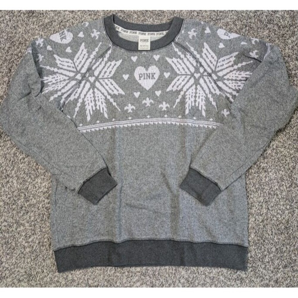 Victoria's Secret PINK Women’s Small Gray Sweatshirt Snowflake Winter Christmas